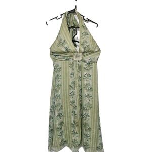 APNY Halter Dress Size 6 Green Metallic Floral Fairycore Boho Lined Zip Back EUC